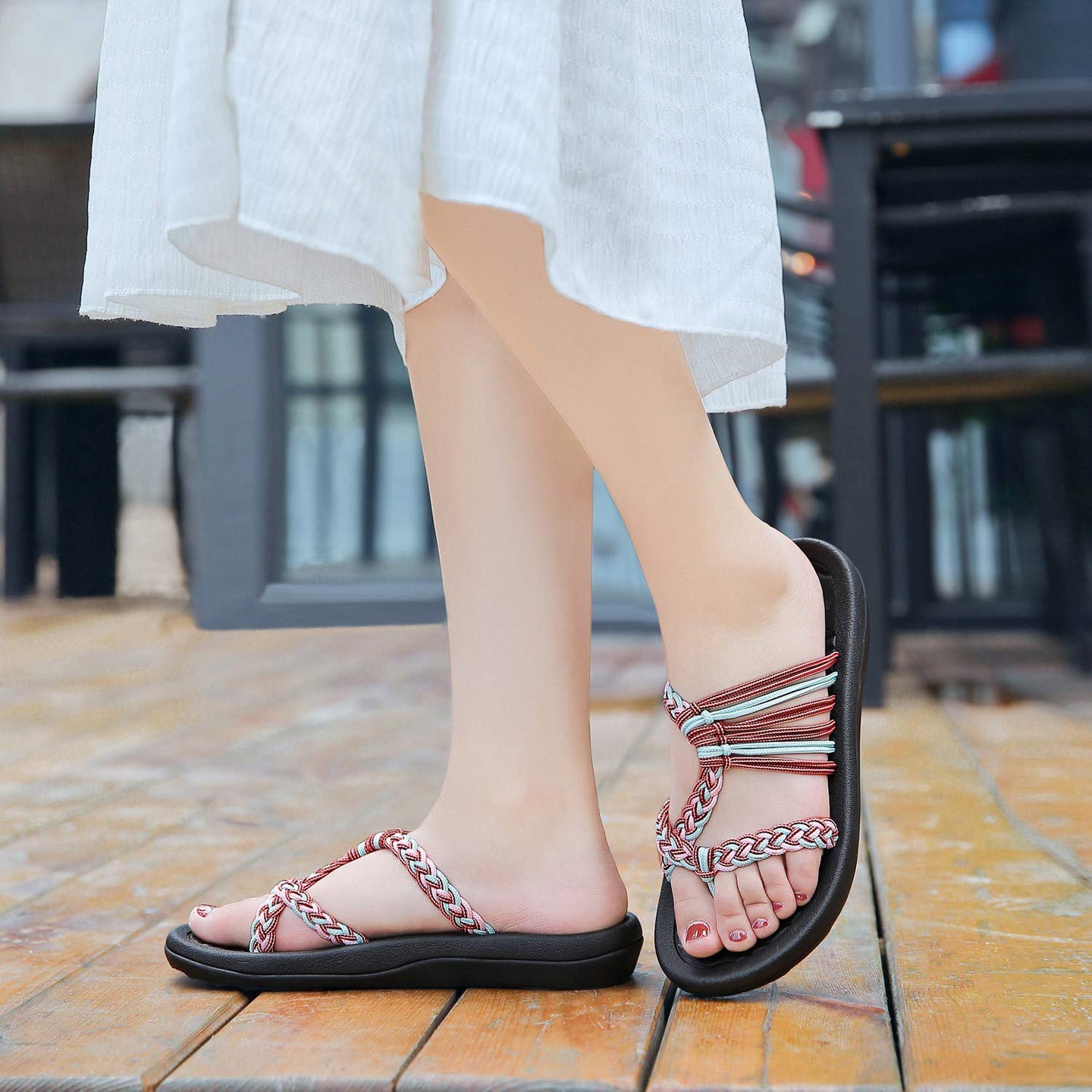 Bordeaux and Light Green Thong Sandal