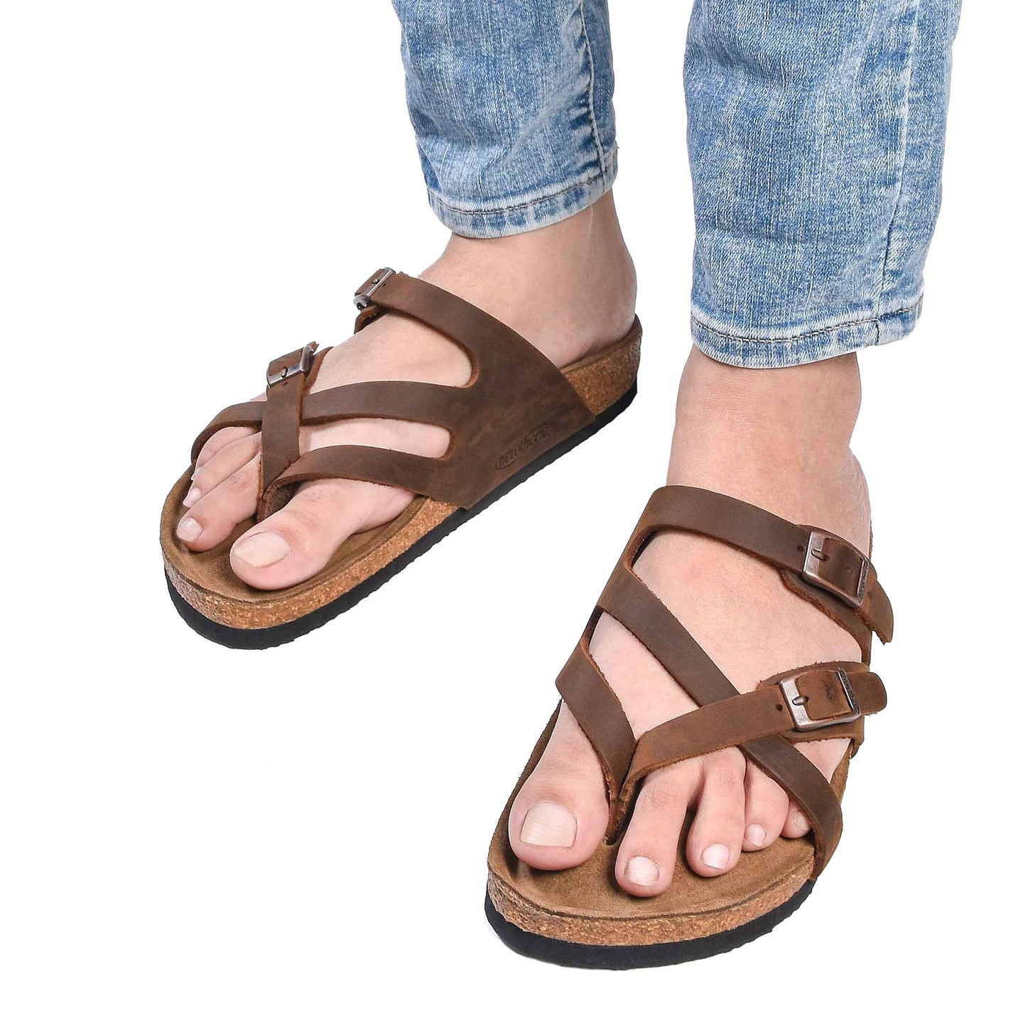 Brown Thong Leather Sandal with Cork